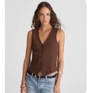 Madewell Tank Top Brown Size L Ribbed V Neck Button Front Cutaway Vest NX530